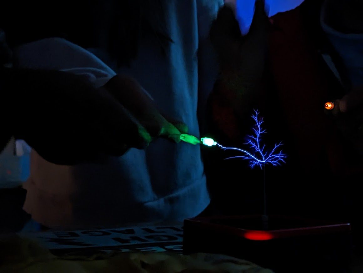 Bright electrical discharge in a darkened classroom